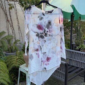 White House Black Market Womens White Floral Asymmetric Tunic Blouse Top